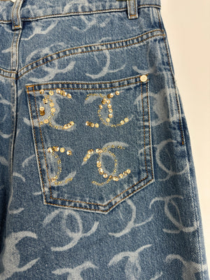 *HOT* Chanel CC Printed Wide Leg Jeans with Sequinned CC Logo Back Pocket Details Size FR 34 (UK 6)