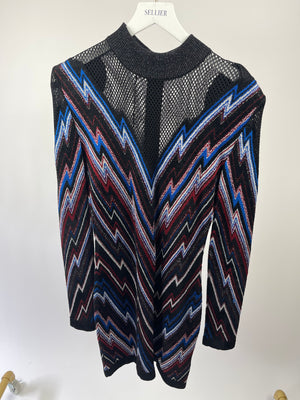 Balmain Black & Multi-colour Long-Sleeve Mesh Dress with Collar Detail FR 40 (UK 12)