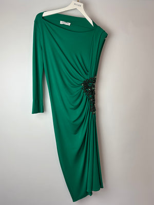 Zuhair Murad Green One-Sleeve Midi Dress with Crystal Embroidery Size IT46 (UK 14)