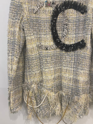 Chanel 05P Yellow and Grey CC Logo Tweed Jacket with Pearl and Chain Detail Size FR 36 (UK 8)