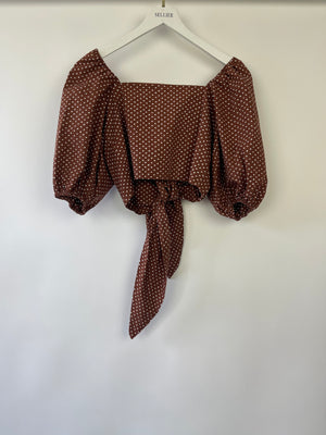 Faithfull the Brand Brown with White Polka Dot Wrap Crop Top and Midi Skirt with Belt Set Size S (UK 8-10)