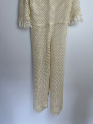 Christian Dior Cream Crochet Linen Jumpsuit With Drawstring Waistband and Shirt Collar Neckline Size FR 34 (UK 6)