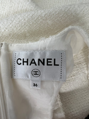 Chanel 23M White Tweed Strapless Mini Dress with CC Crystal Logo Size FR 36 (UK 8) £2900