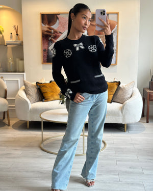 Chanel 16/A Black Camellia and Bow Long Sleeve Jumper with Pocket Detail Size FR 38 (UK 10)