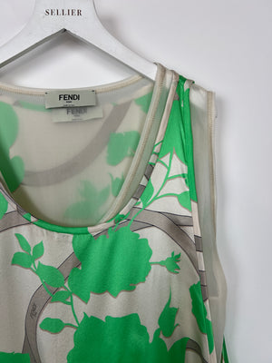 Fendi Green Leaf Print Asymmetric Midi Dress with Waist Tie Detail Size IT 40 (UK 8)