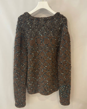 Chanel Brown and Metallic Blue Wool Cardigan with Coco Logo Detail Size FR 40/42 (UK 12/14)