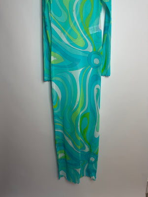 Emilio Pucci Blue, Green and White Mesh Long Sleeve Maxi Dress IT 44 (UK 12)