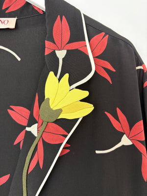 Valentino Black Silk Shirt and Trousers Set With Rust Floral Print and Yellow Embroidered Flower Detail Size IT 42 (UK 10)