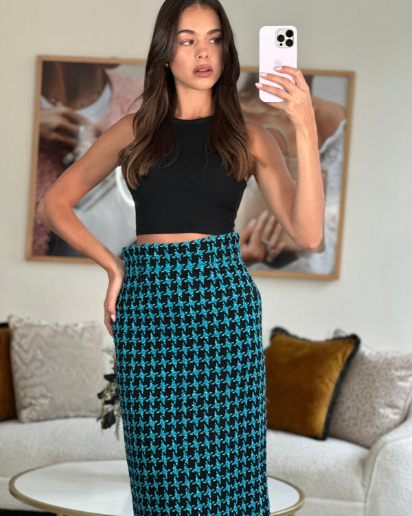 Chanel 07/A Turquoise Houndstooth Pencil Skirt Size FR 36 (UK 8)