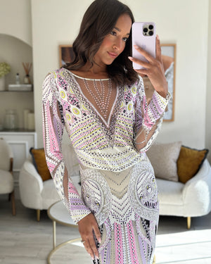 Roberto Cavalli Long Sleeve Multicolour Gown with Aztec Print Detail Size IT 42 (UK 10)