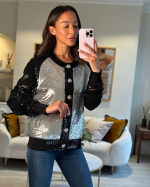 Balmain Black Sequin Panelled Bomber Jacket Size FR 38 (UK 10)