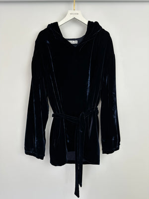 Christian Dior Navy Velvet Hooded Oversized Jumper with Tie Waist Detail Size FR 36 (UK 8)