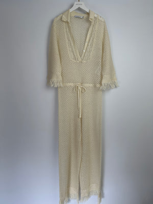 Christian Dior Cream Crochet Linen Jumpsuit With Drawstring Waistband and Shirt Collar Neckline Size FR 34 (UK 6)