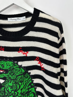 Christian Dior Black and White Striped Cashmere Jumper with Green Dragon Detail Size FR 36 (UK 8)RRP 2500£