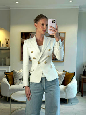 Balmain White Tweed Blazer Jacket with Gold Button Details Size FR 34 (UK 6)