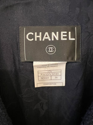 Chanel Paris Monte-Carlo Navy Tweed Long Jacket with Gripoix Pearl Details Size FR 38 (UK 10)