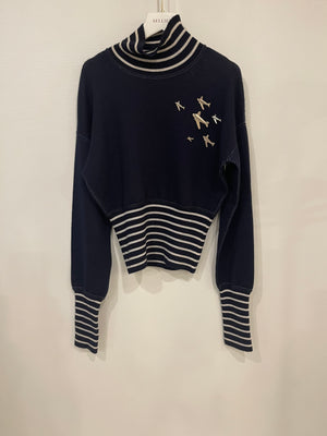 *HOT* Chanel Airline Collection Navy Cashmere Jumper and Mini Skirt Set with Silver Logo Airplane Appliqués Size FR 38 (UK 10)