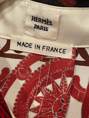 Hermès White and Burgundy Silk Blouse and Matching Elastic Waist Trousers Set with Printed Details Size FR 38/40 (UK 10/12)