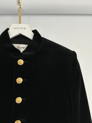 Celine Black Velvet Long Sleeve Jacket with Peplum Hem and Gold Buttons Size FR 34 (UK 6)