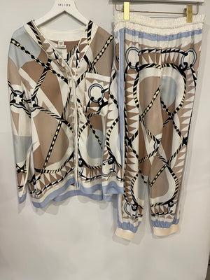 Hermès Baby Blue and Brown Silk Blouse and Trousers Set with Printed Details Size FR 38/40 (UK 10/12)