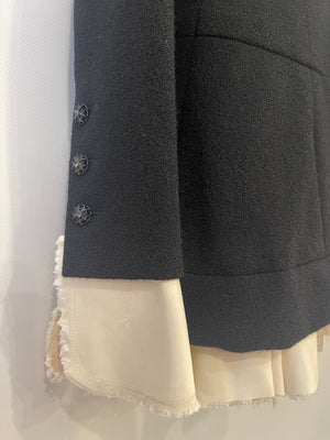 Chanel Black Wool Jacket with Ivory Silk Details and Embellished Buttons Size FR 38 (UK 10)