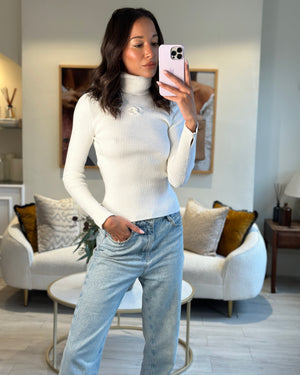 Chanel White Ribbed High Neck Long Sleeve Jumper with CC Detail Size FR 36 (UK 8)