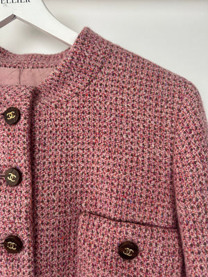 Chanel 01/A Pink Round Neck Tweed Button Down Jacket  with CC Logo Detail Size FR 42 (UK 14)