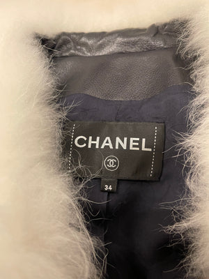 Chanel Black Leather Asymmetric Jacket with White Fur Details and Logo Buttons Detail Size FR 34 (UK 6)