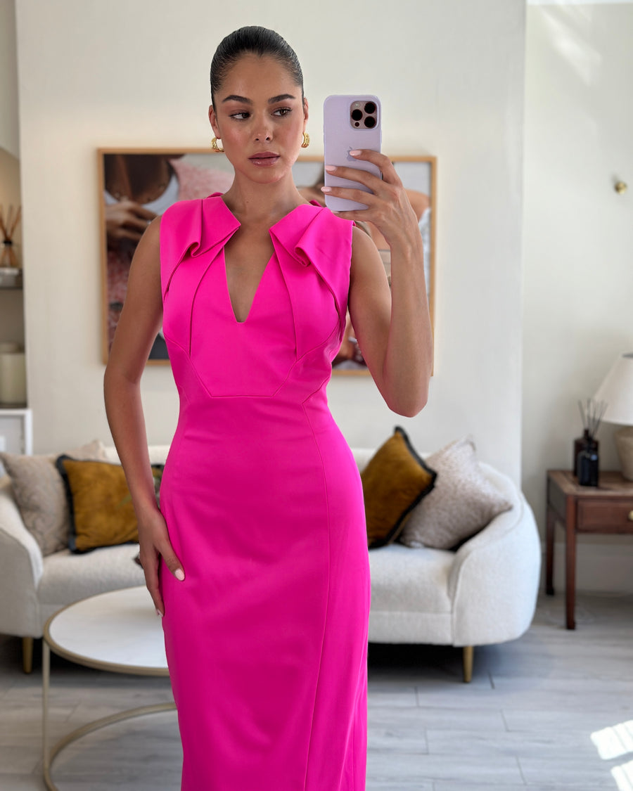 Antonio Berardi Hot Pink Sleeveless Midi Dress with Abstract Neck Detail Size IT 42 (UK 10)