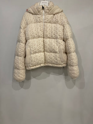 Perfect Moment Cream Wool Cable-Knit Hooded Cropped Jacket Size S (UK 8)