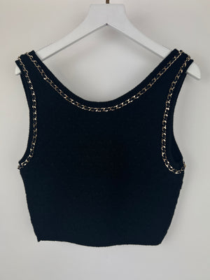 Chanel 23B Black Cashmere Knit Tank Top with Gold Chain and Logo Detail Size FR 34 (UK 6) RRP £2150