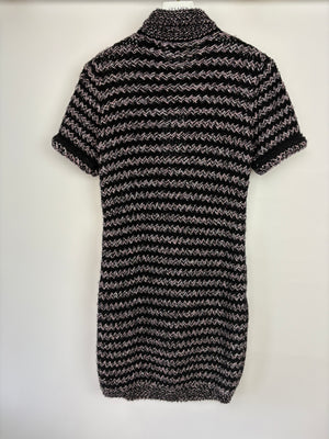 Chanel Black, Pink & Metallic Silver Wool Knit Short Sleeve Mini Dress Silver Zip Up Detail Size FR 40 (UK 12)