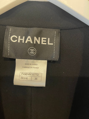 Chanel Light Grey and Black Belted Blazer Jacket with CC Logo Buttons Size FR 36 (UK 8)