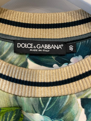 Dolce & Gabbana Green and White Floral Jumper with Gold Collar Detail Size IT 40 (UK 8)