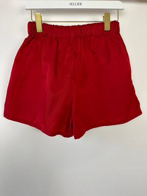 Prada Red Nylon High-Waist Shorts with Leather Plaque Detail Size IT 40 (UK 8)