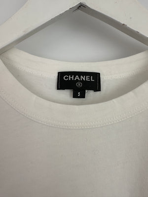 *HOT* Chanel 22C Black Sleeveless Knitted Top with Crystal CC Logo Straps and White Cotton Short Sleeve T-Shirt with Small Crystal Logo Detail Size FR S (UK 8) RRP £3160