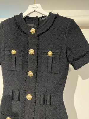 Balmain Black Tweed Short Sleeve Mini Dress with Gold Button Detail FR 34 (UK 6)