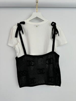 *HOT* Chanel 22C Black Sleeveless Knitted Top with Crystal CC Logo Straps and White Cotton Short Sleeve T-Shirt with Small Crystal Logo Detail Size FR S (UK 8) RRP £3160