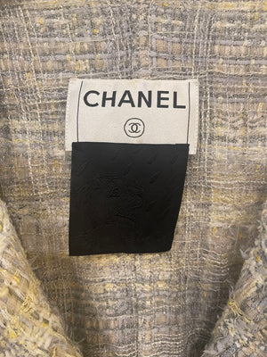 Chanel 05P Yellow and Grey CC Logo Tweed Jacket with Pearl and Chain Detail Size FR 36 (UK 8)