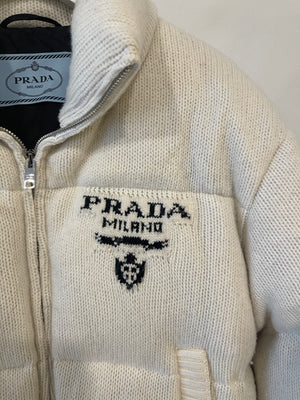 Prada Cream Wool and Cashmere Puffer Jacket with Logo Detail Size IT 38 (UK 6) RRP £2,225