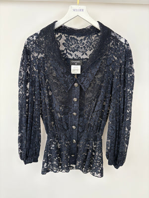 Chanel Navy Lace Long Sleeve Shirt with Ruthenium Buttons Detail Size FR 36 (UK 8)