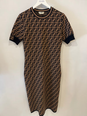 Fendi Brown and Black FF Logo Short-Sleeve Midi Dress Size IT 44 (UK 12) RRP £1,450