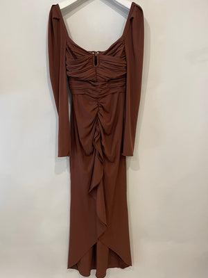 Self-Portrait Brown Ruched Midi Dress with Gold Low Cut Buckle Detail Size XS (UK 6)