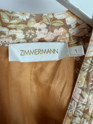 Zimmermann Beige Floral Print Linen Dress with Draw String Details Size FR 38 (UK 10)