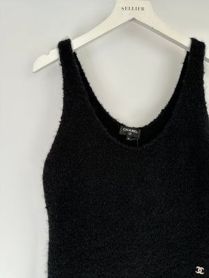 Chanel 23N Black Cashmere and Silk Sleeveless Mini Dress with Quilted White Embroidery Detail and Crystal Logo Size FR 36 (UK 8)