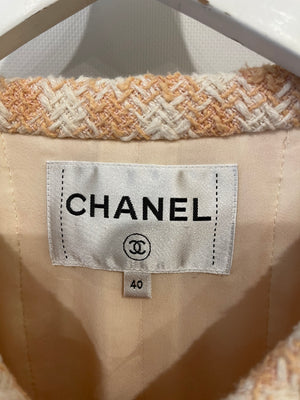 Chanel Cream and Peach Tweed Belted Jacket with Gold CC Logo Button Details Size FR 40 (UK 12)