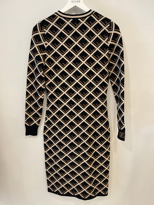 Fendi Black, White and Beige Logo Printed Long-Sleeve Midi Dress IT 42 (UK 10) RRP £1,450