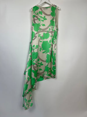 Fendi Green Leaf Print Asymmetric Midi Dress with Waist Tie Detail Size IT 40 (UK 8)