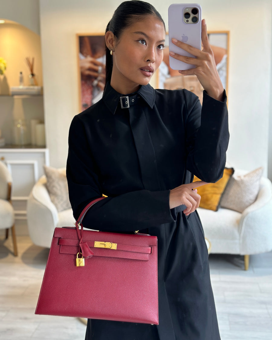 Hermès Kelly 32cm Sellier Bag in Rouge Berlin Epsom Leather With Gold Hardware