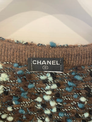 Chanel Brown and Metallic Blue Wool Cardigan with Coco Logo Detail Size FR 40/42 (UK 12/14)